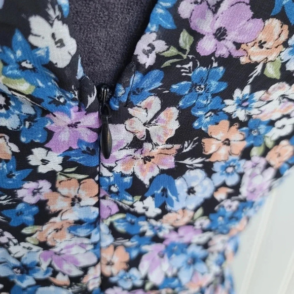 Allison & Kelly Dress Womens Blue Floral Short Slv Keyhole Mesh Rutched Ruffle M - Picture 5 of 16